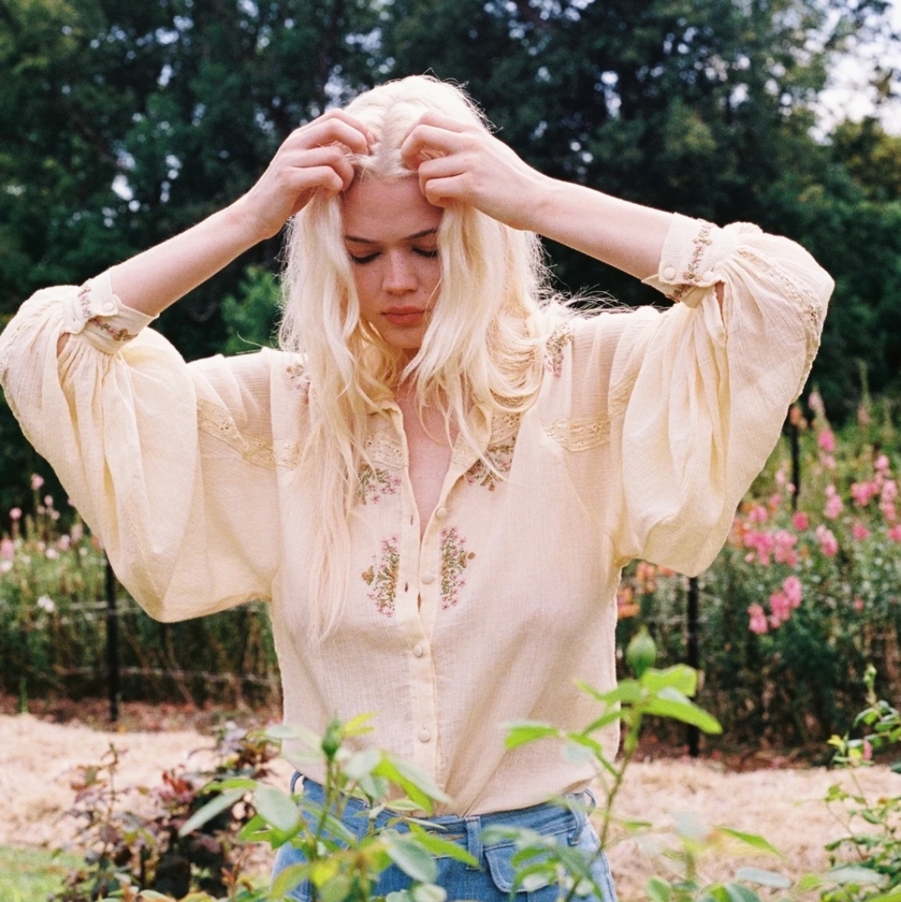 Floral Embroidered Cream Blouse With Lace Detail